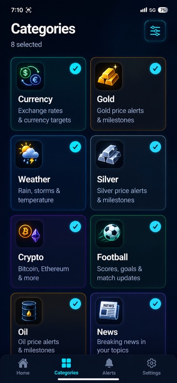 NotiSignal categories screen with selected topics