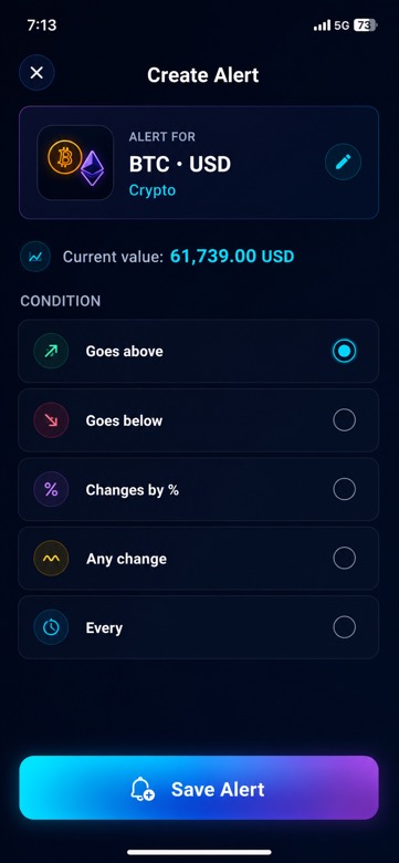 NotiSignal create alert screen for crypto